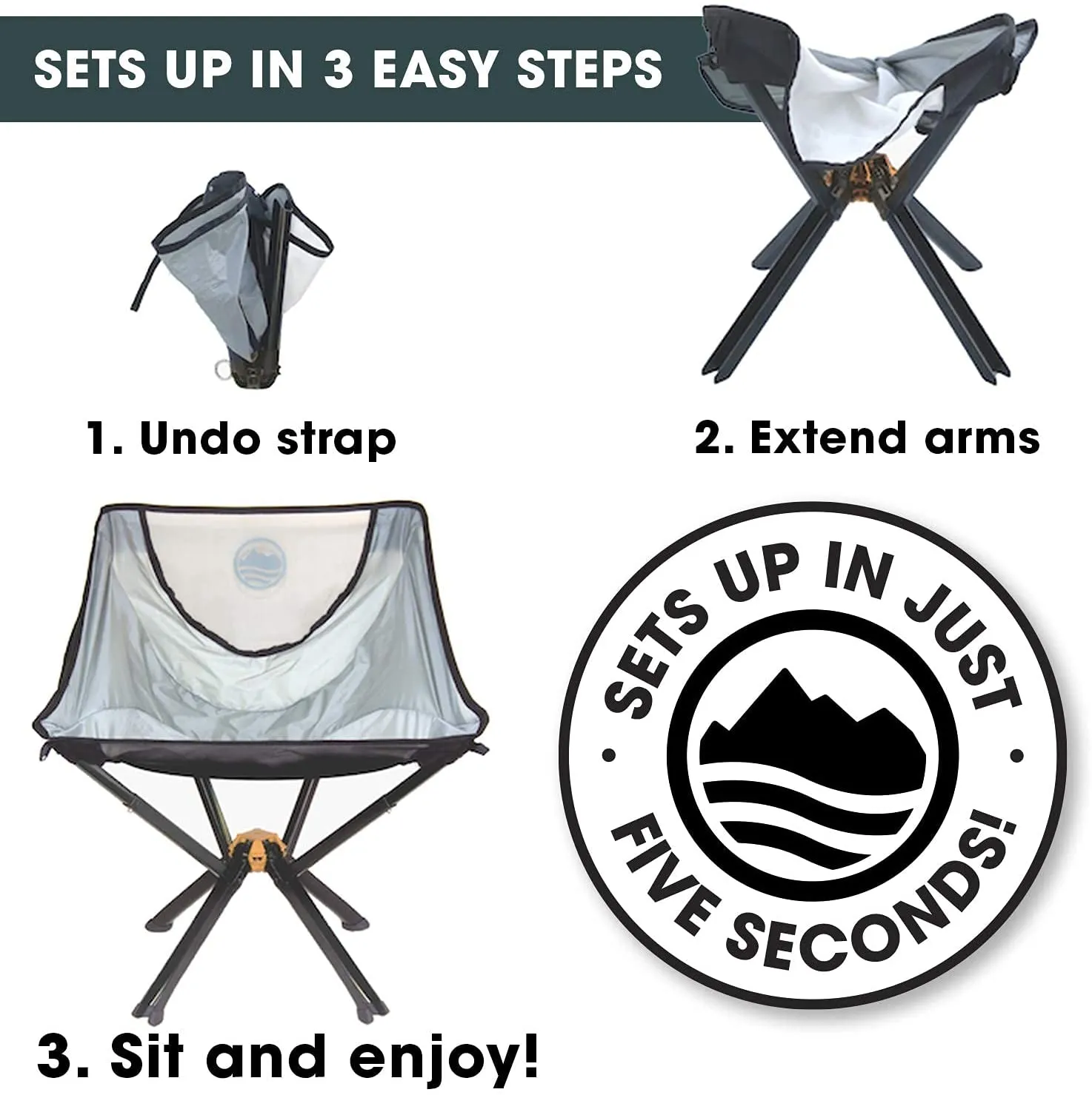 CLIQ Camping Chair - Most Funded Portable Chair in Crowdfunding History. | Bottle Sized Compact Outdoor Chair | Sets up in 5 Seconds | Supports 300Lbs | Aircraft Grade Aluminum