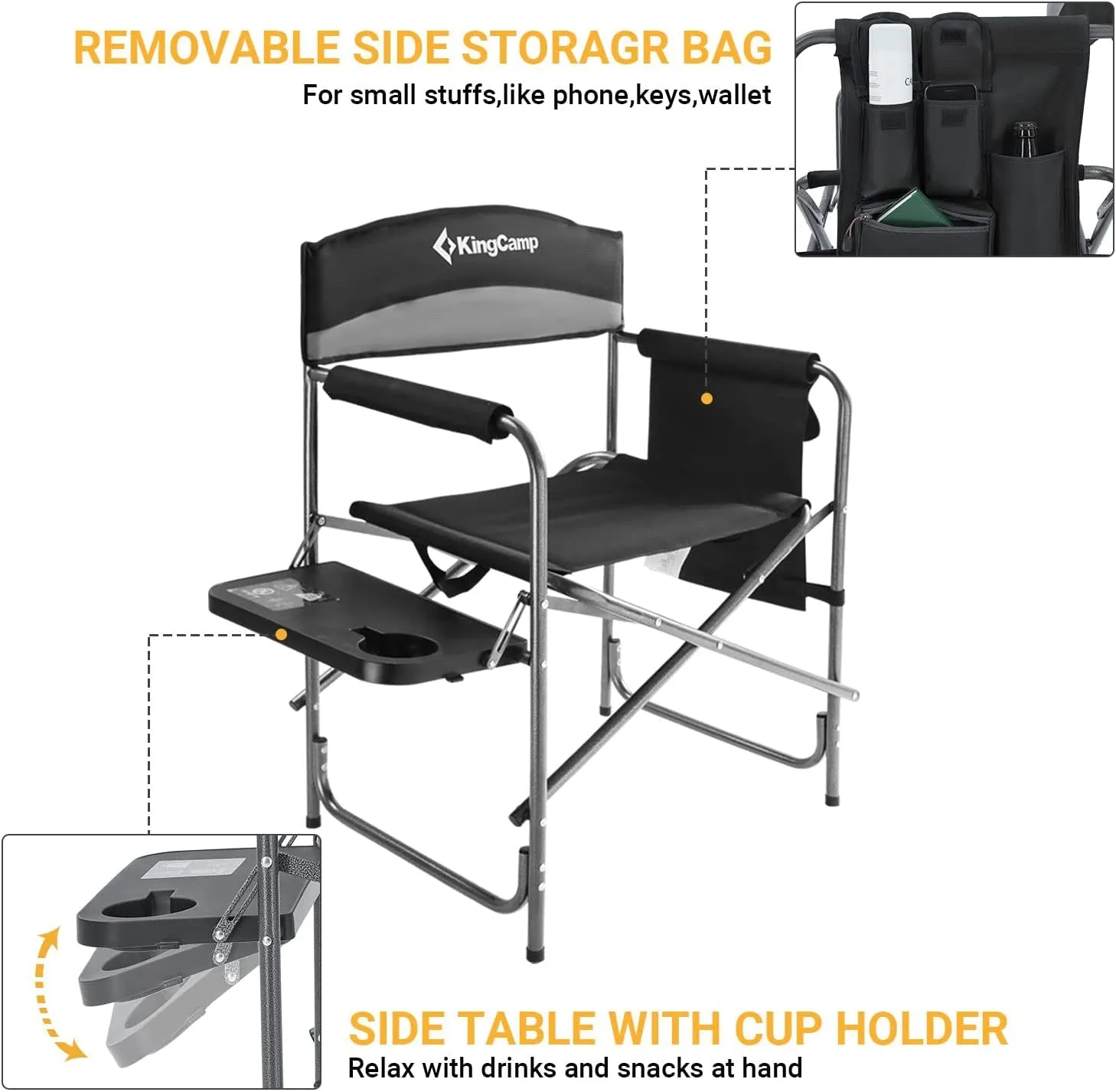 Kingcamp Heavy Duty Camping Directors Chairs Supports 400Lbs for Adults, Padded Folding Portable Camping Chair with Side Table Storage Pockets Carry Straps
